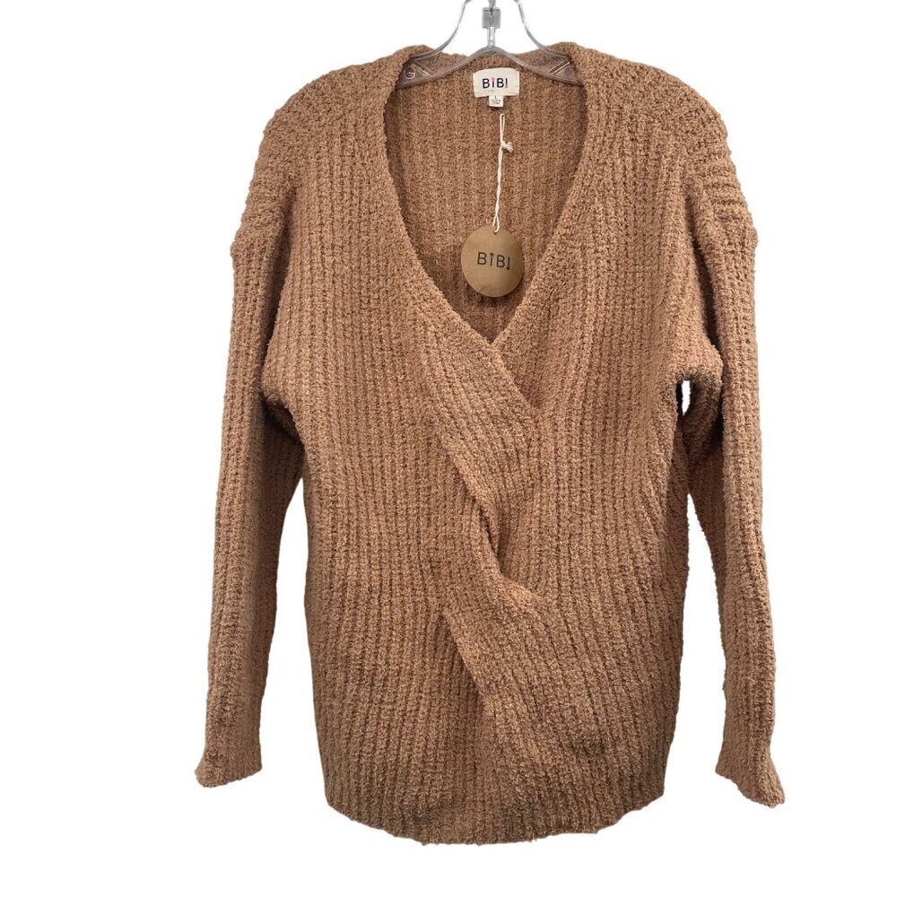 BiBi Women's Knit Pullover Sweater Twisted Front V-Neck Tan Size Large New